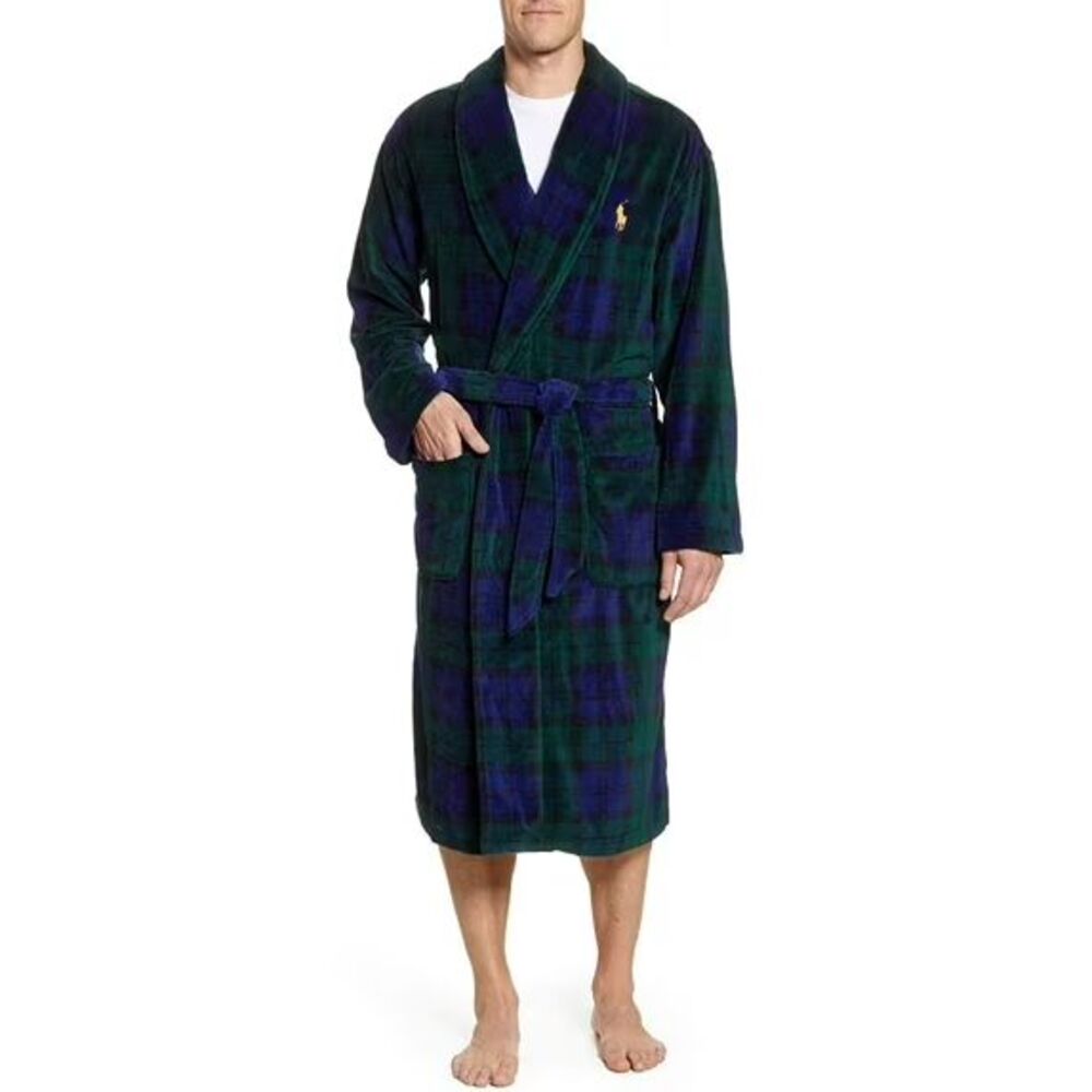 POLO RALPH LAUREN Robe Mens L XL Blue Green Blackwatch Plaid Plush Fleece $115
